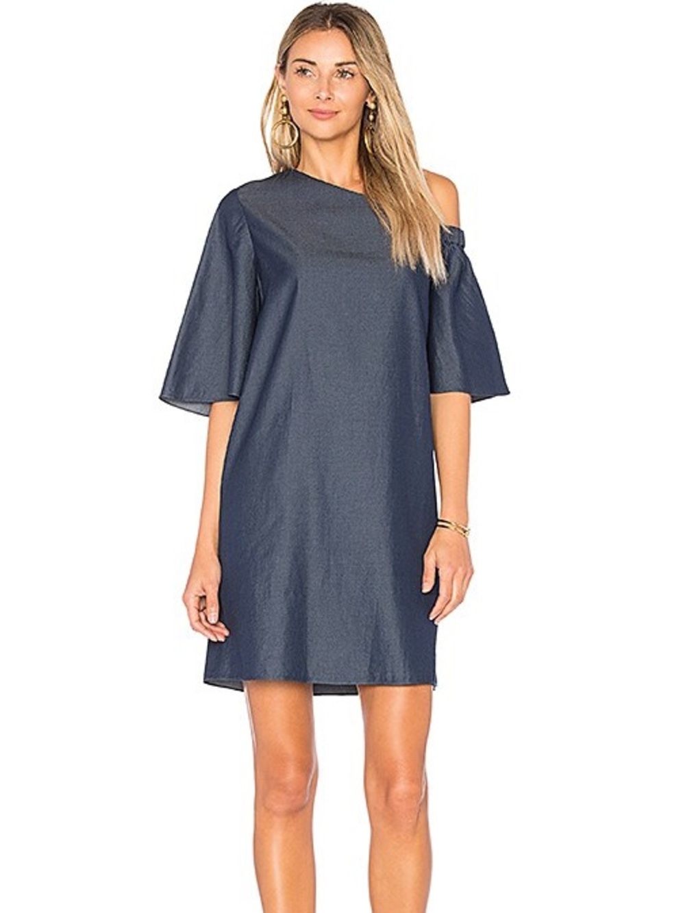 Tibi Dress Revolve One Shoulder Bell Sleeve Dark Denim Relaxed Mini Women 10